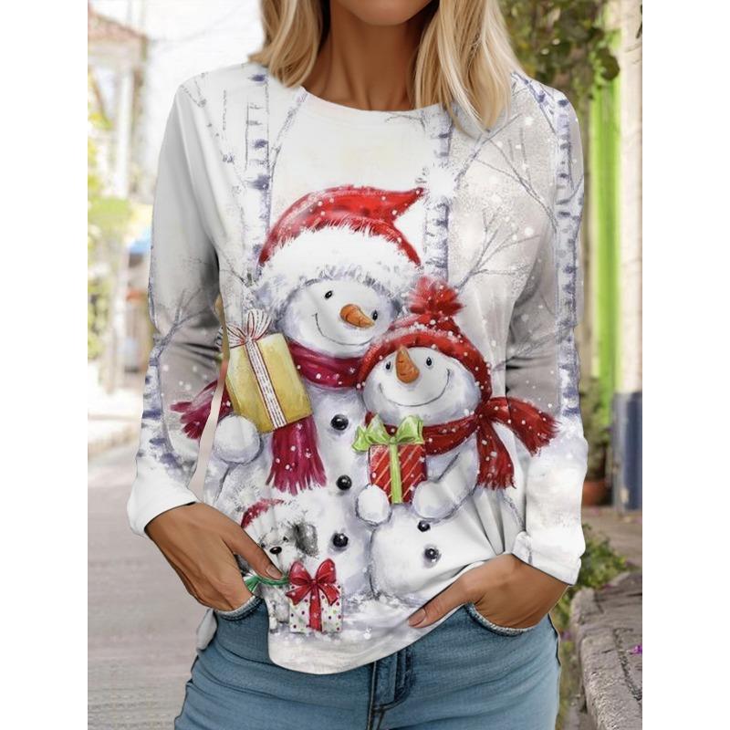 Женская футболка с длинным рукавом и рождественским принтом оленей, спортивный повседневный милый полиэстер с круглым вырезом и длинным рукавом