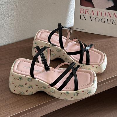 Лето 2025 Женские Цветочные Босоножки на Платформе и Танкетке Женские Сандалии Модные Узкие Ремешки Женские Элегантные Вечерние Платье Гладиаторские Сандалии