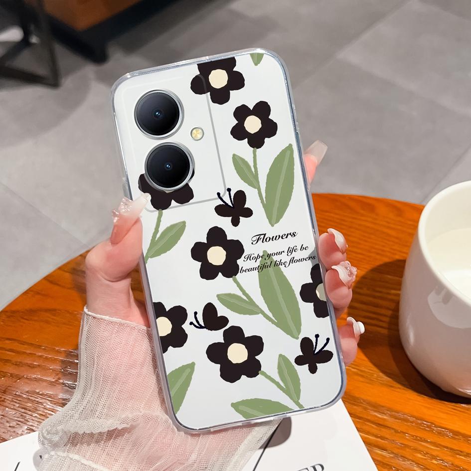 Back Cover For Vivo Y35 Plus V27 Y78 Pro Y02A Plus iQOO Neo8 Case Pretty Flower Pattern Clear Soft Silicone TPU Screen Protector Bumper For Vivo Capas