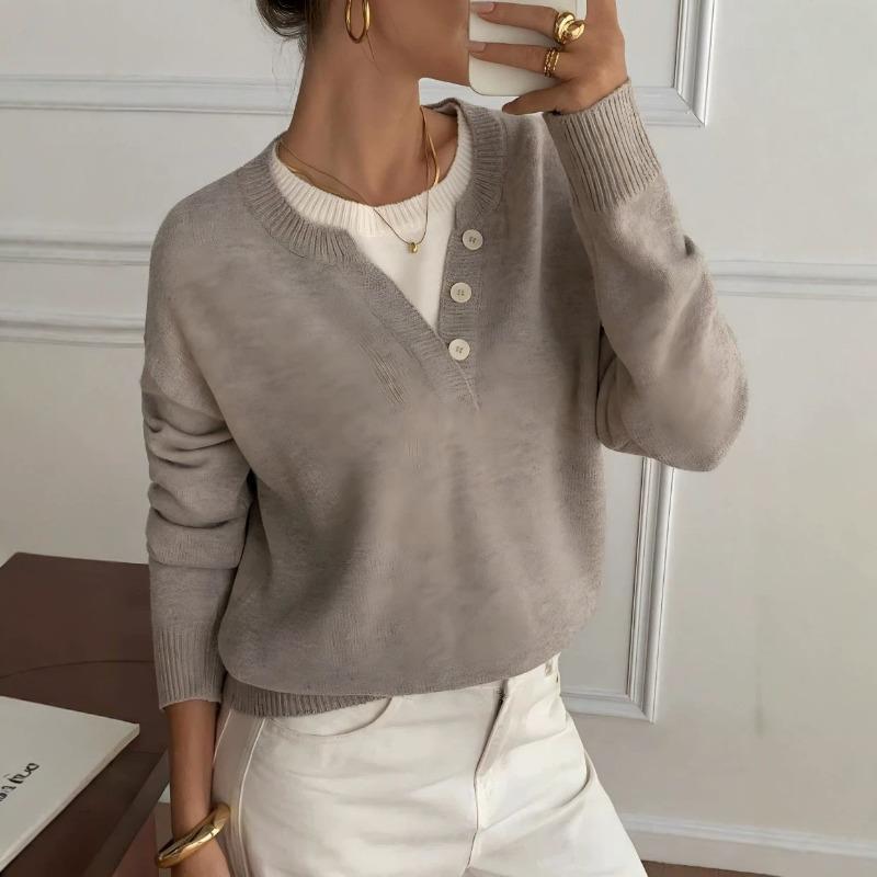 Loose Lazy V Neck Knit Sweater Fake Two Piece Casual Top