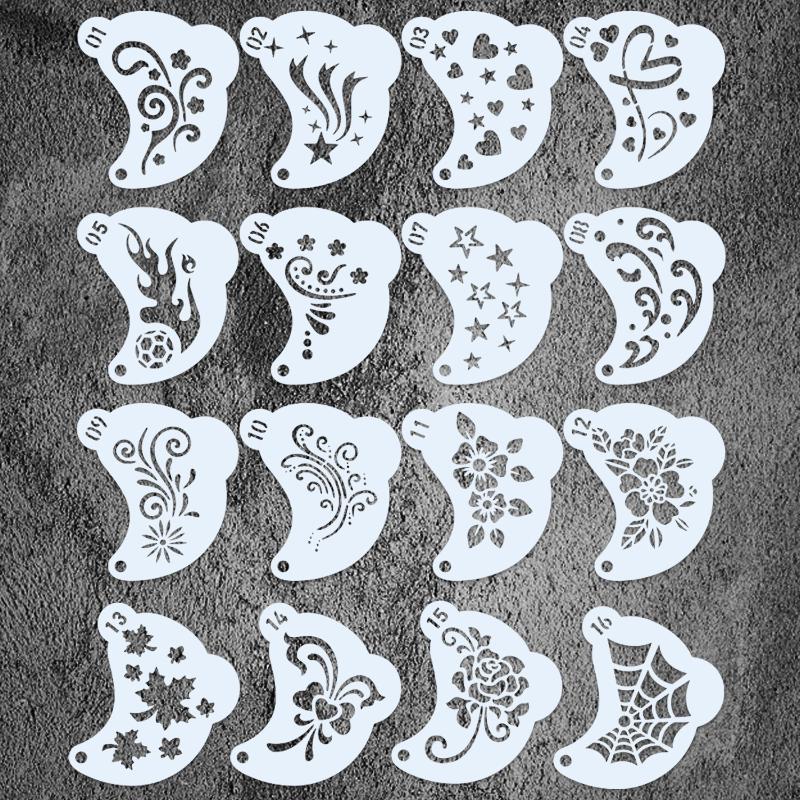 16Pcs Durable Pet Plastic Washable Template Reusable Face Painting Stencils With Assorted Floral Spiderweb Heart Designs