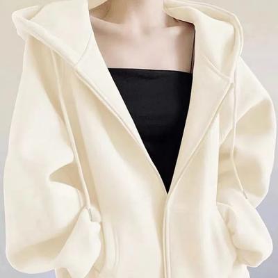 Осень Зима Новая Мода Длинный Рукав Однотонные Толстовки Кардиган Женская Одежда Карманы на Молнии Кулиска Свободные Топы