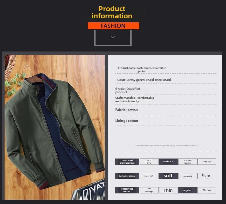 Мужская двухсторонняя хлопковая куртка на весну и осень - воротник-стойка, повседневный стиль