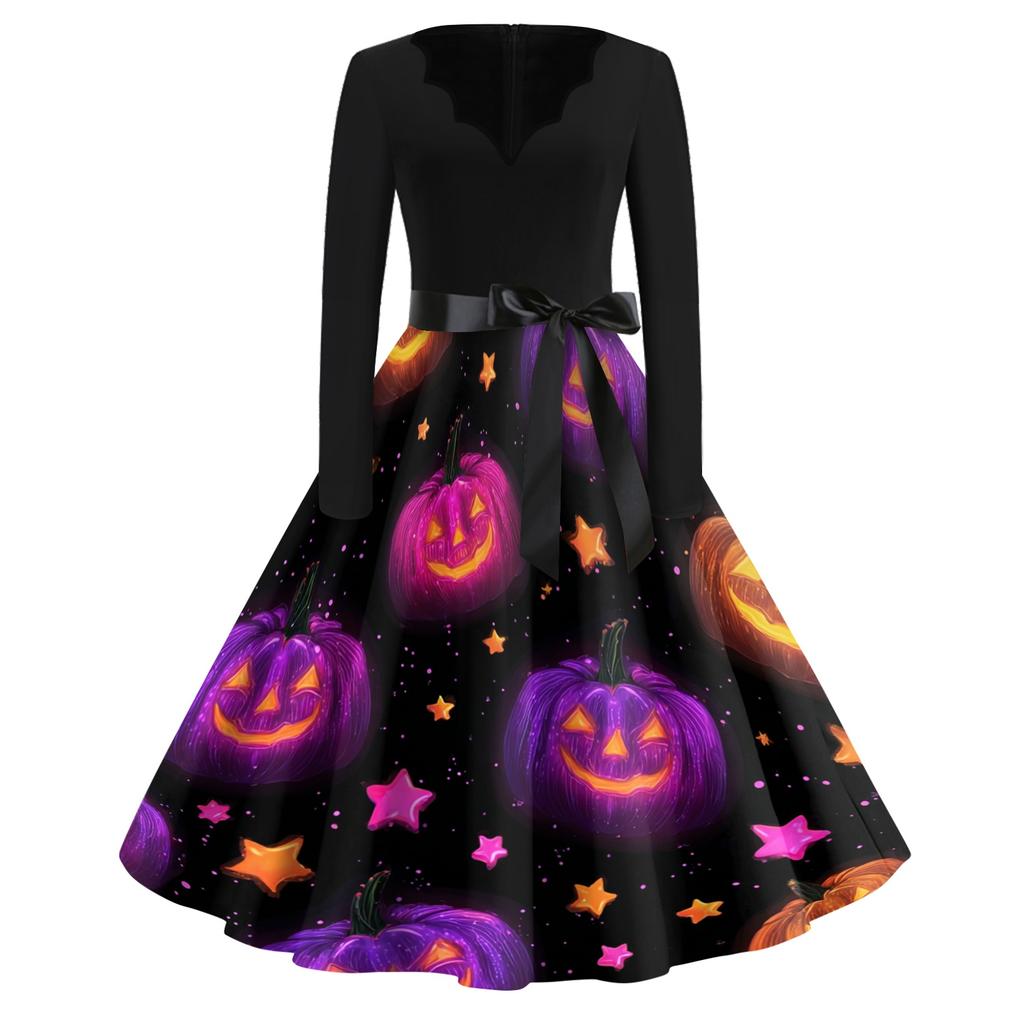 Women's Vintage Halloween Print V Neck Dress Long Sleeve Retro Fit and Flare Dress with Waist Tie Belt Casual Party Dress