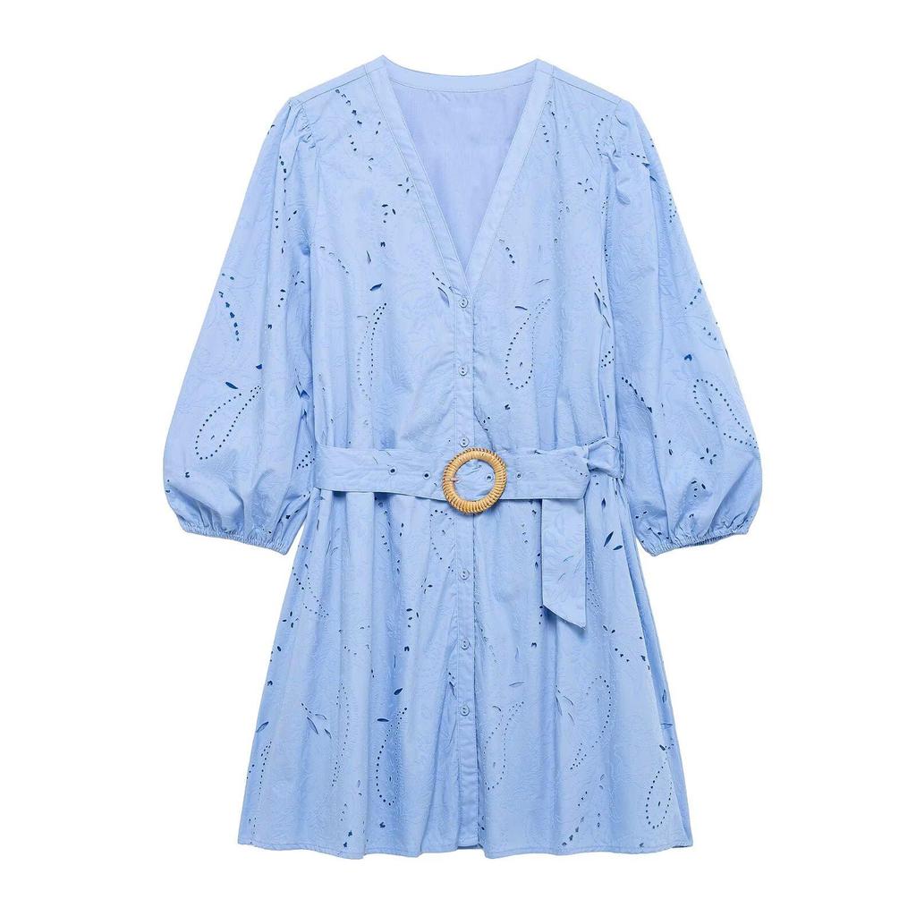 2025 Spring Women's V-Neck Single-Breasted Slim Fit Puff Sleeve Short Dress