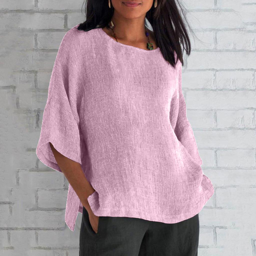 Women's Fashion Half Sleeve Round Neck Solid Colour Loose Casual Shirt Top