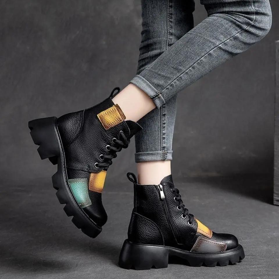 Fashion Woman Short Shoes Moccasin British Style Splicing Colour Ankle Boots for Women Y2k Chic and Elegant Pu Booties Goth Hot Footwear
