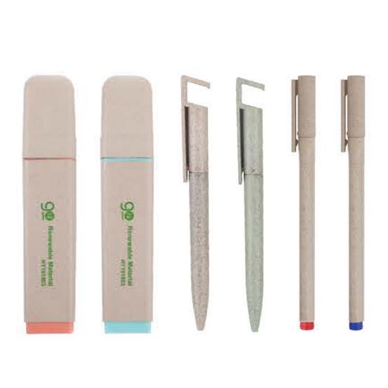 Экологичная ручка из бамбука и пшеничной соломы с крафтовой бумагой и хайлайтером с кофейной гущей