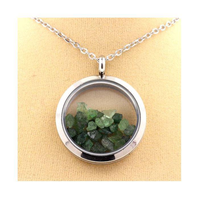 Stones and Minerals. Raw Tsavorite Garnet Necklace. 20 Mm Medallion Model. Color Silver.