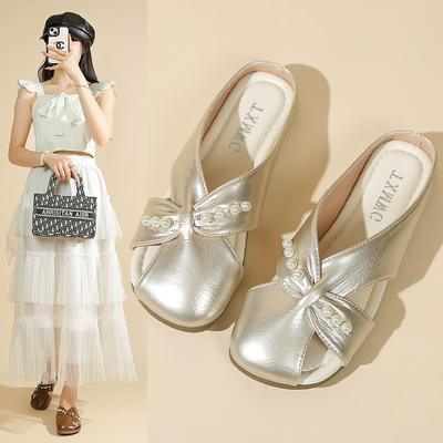 Баотоу полутапочки женские летние новые круглый носок плоская подошва жемчуг удобные для улицы женские тапочки