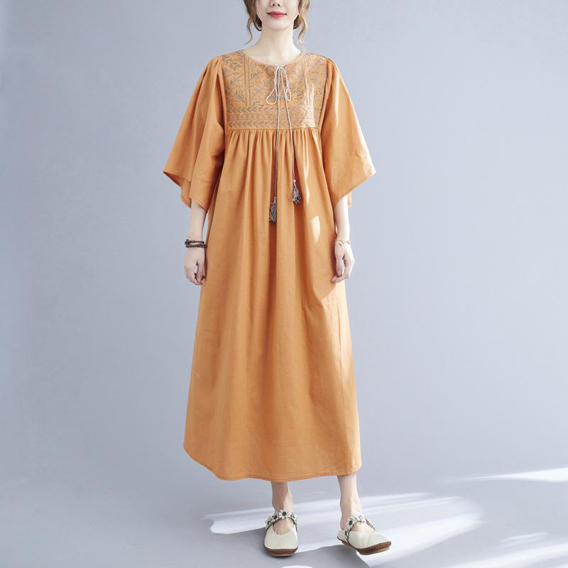 Летнее элегантное женское платье большого размера с этнической вышивкой и рукавами с оборками, 2025