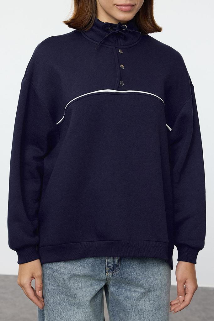 Женская модная стильная толстовка темно-синего цвета с застежкой-кнопкой большого размера с окантовкой из толстого флиса внутри вязаная толстовка