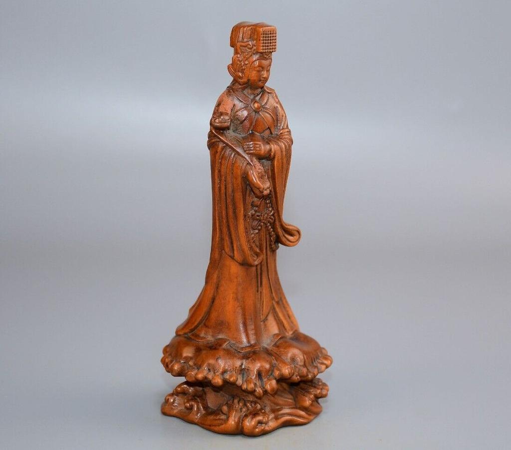 Chinese Natural Boxwood Carved Mazu Figure Statue Wooden Sculpture Home Decor