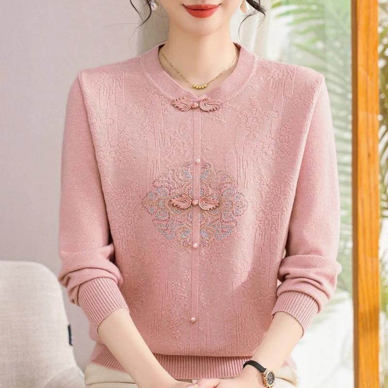 Spring Autumn Long Sleeve Sweater Women's Base Shirt Fashionable Mom Knitted Thin Tops for Middle-aged