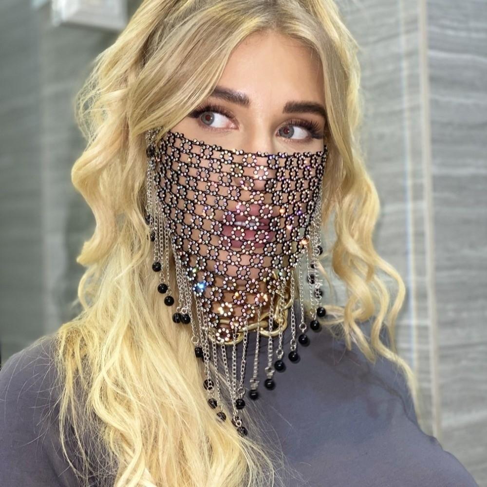 Tassel Rhinestone Mask Bling Masquerade Mask Reusable Face Cover  Women