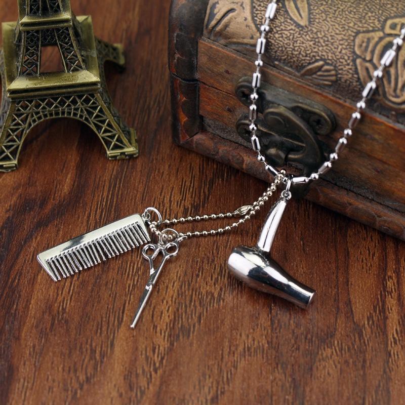 Women Fashion New Personality Scissors and Comb Hair Dryer Pendant Hairstylist Necklace