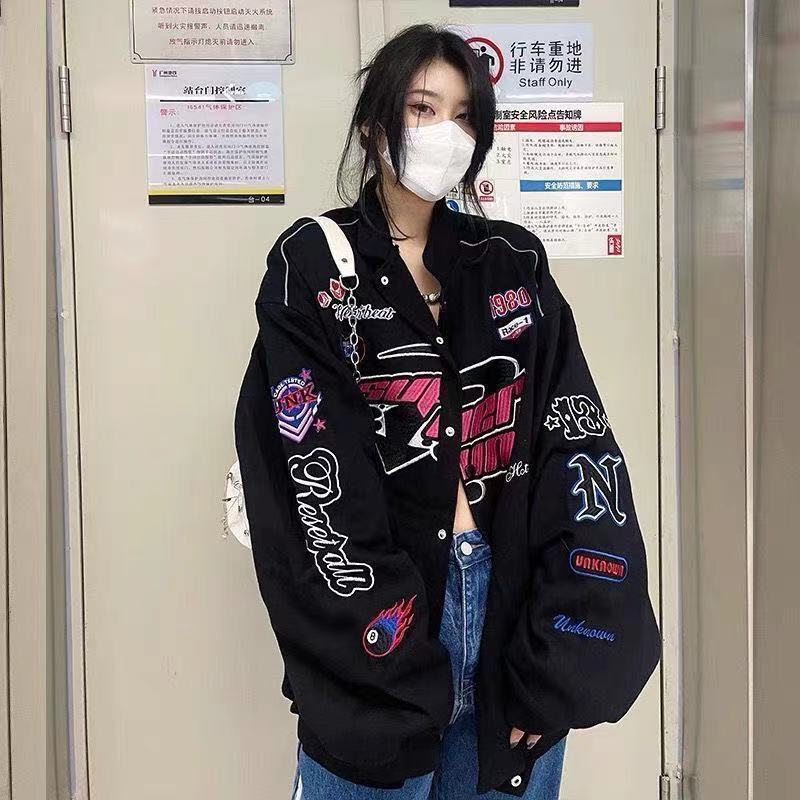 Varsity Jacket Women Printed Casual Zipper Long Sleeve Racing Jacket Coat Winter Clothes Vintage Colorblock Women Bomber Jacket