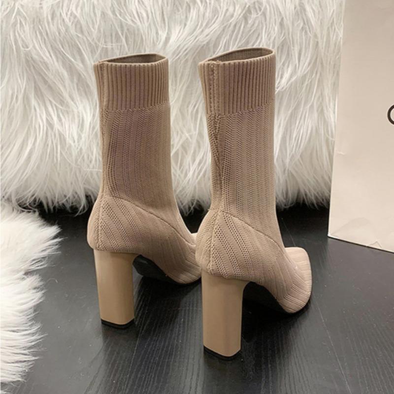 Новые женские осенние вязаные эластичные короткие сапоги на толстом каблуке