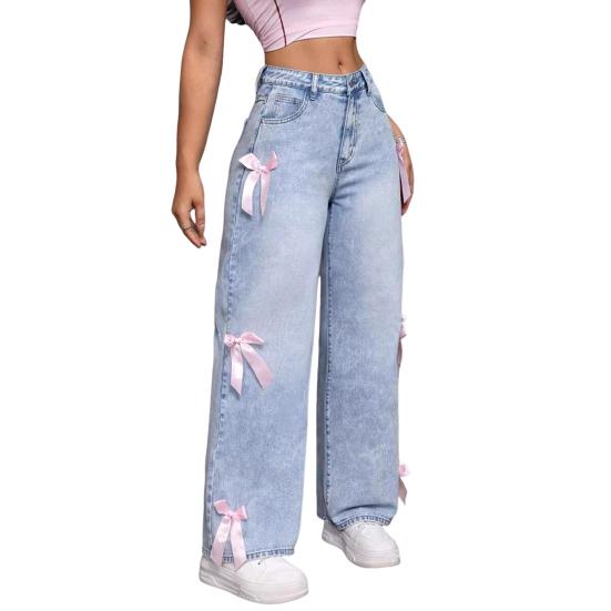 Женские широкие джинсы с украшением в виде галстука-бабочки, прямые джинсовые брюки с высокой талией, повседневные мешковатые джинсовые брюки