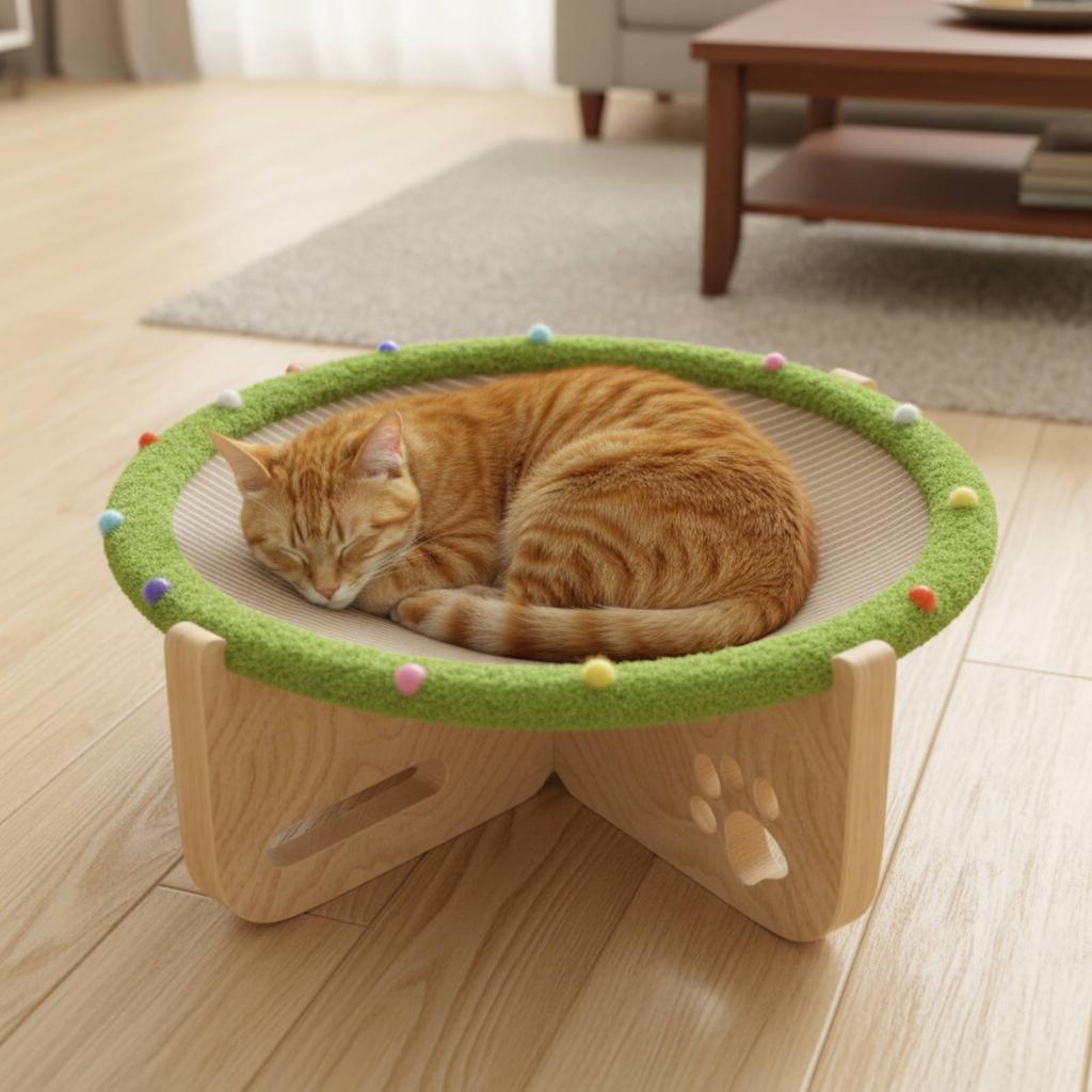Raised Pet Bed with Scratcher All Seasons Use Elevated Cat Suspended Bed Wooden Cat Lounge Bed Breathable Material
