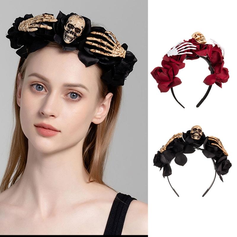 Skull Headband Halloween Tiaras And Crowns Halo Flower Headband Day of The Dead Headband Rose Flower Crown Hairband