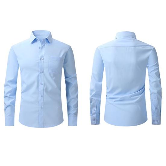 Men Spring Fall Dress Shirt Turn-down Collar Slim Fit Stretchy Single-breasted Long Sleeves Pure Color Mid Length Formal Business Event Office Top