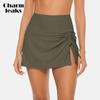 Womens High Waisted Split Swim Skirt Sporty Drawstring Skirted Swim Bottom with Built-in Swimming Panty Swimwear