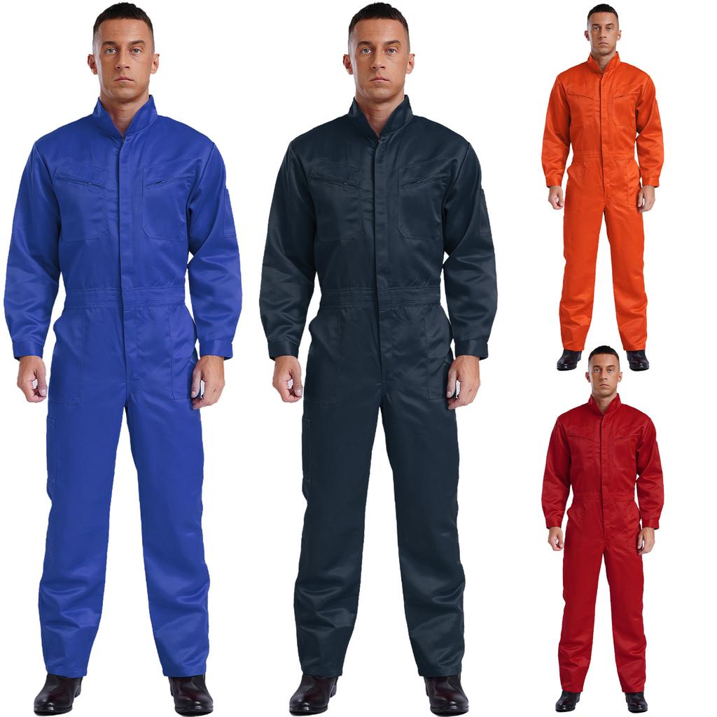 Mens Pure Cotton Jumpsuit Stand Collar Design Long Sleeve Front Zip Overalls Work Uniform Coveralls