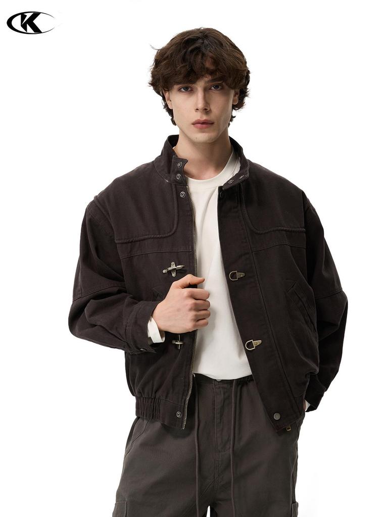 Унисекс Ретро Темно-коричневая куртка с авиационной пряжкой 11KN: Стирка, Потертый, Верхняя одежда с коротким воротником-стойкой