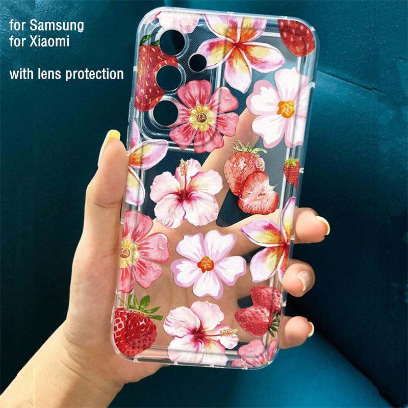 Floral & Strawberries Pattern Transparent Phone Case For iPhone 16 16e 14 13 15 Pro Max 11 12 Pro Mini 7 8 Plus Soft TPU Cover