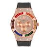 44mm Men's Watch Waterproof Rainbow Diamond Case Luxury Gold Quartz Watches For Male Week Day Display Rubber Strap Hand Clock