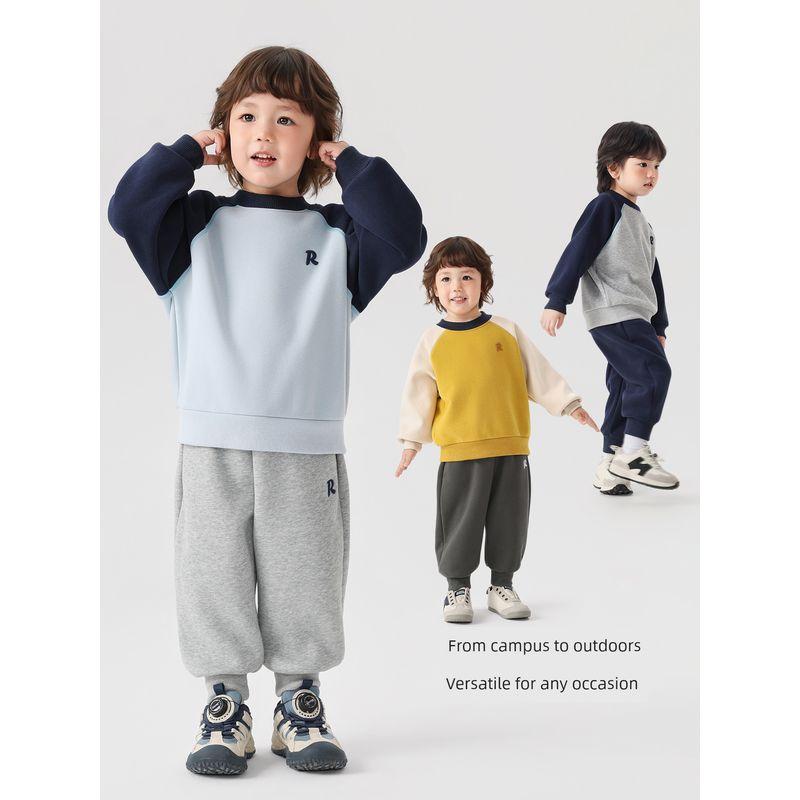 Right European Style Boys' Color-Block Raglan Sleeve Fleece Sweatshirt 2025 Winter New Children's Clothing Baby Warm Top