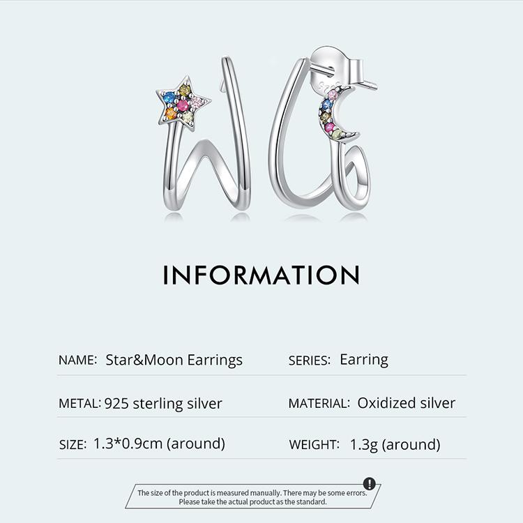 WOSTU 925 Sterling Silver Star & Moon Stud Earrings For Women Simple Style Zircon Ear Hooks Fine Jewelry Gifts