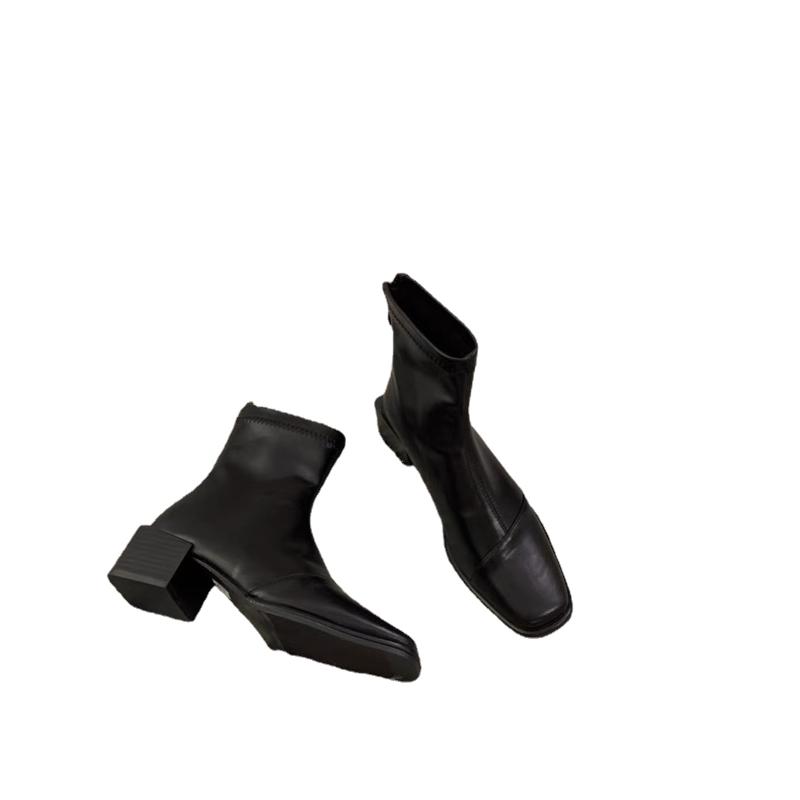 Мода Новые 2024 Эластичные носки Сапоги Женские Модные Ботильоны На Высоком Каблуке Толстый Каблук Квадратный Носок Короткие Сапоги Женские Ретро Ботильоны На Молнии