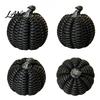 Halloween Pumpkin Decor Faux Rattan Resin Figurine, Vintage Distressed Orange Black Farmhouse Tabletop Fall Seasonal Window Decor, Indoor Harvest