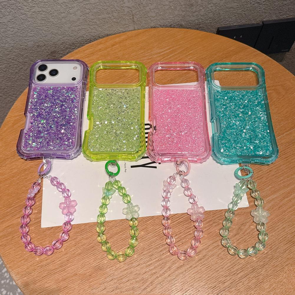 2-in-1 Four-corner Airbag Glitter Resin Bracelet Case For iPhone 17 Pro Max 17 Air 16e 16 Pro 15 Pro 14 + 13 12 11 Protect Cover