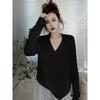 Cotton V-neck Long-sleeved Bottoming Shirt Women's Spring and Autumn Internet Celebrities Foreign Versatile Loose and Thin Top T-shirt
