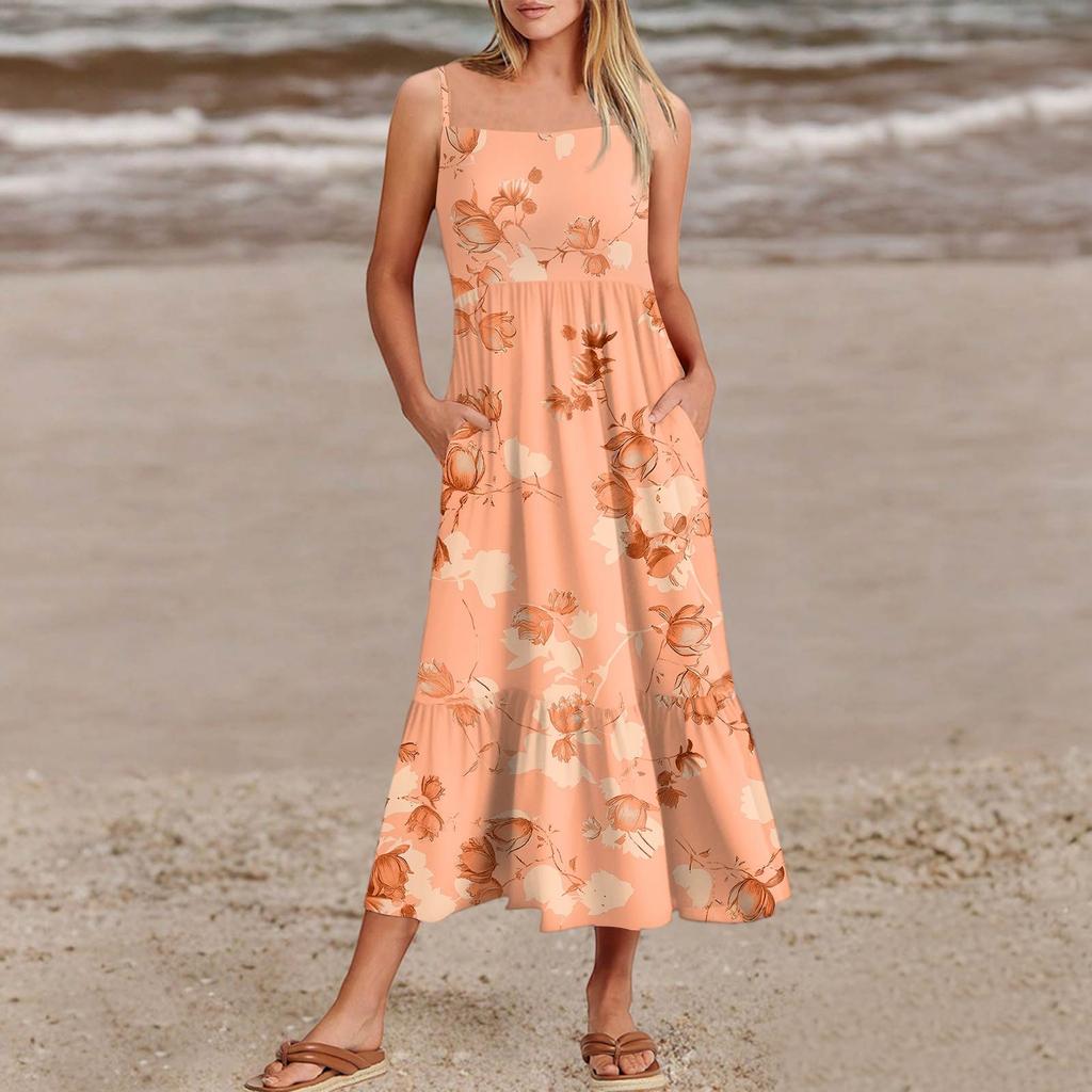 Women's Summer Spaghetti Strap Patchwork Beach Vacation Floral With Pocket Dresses