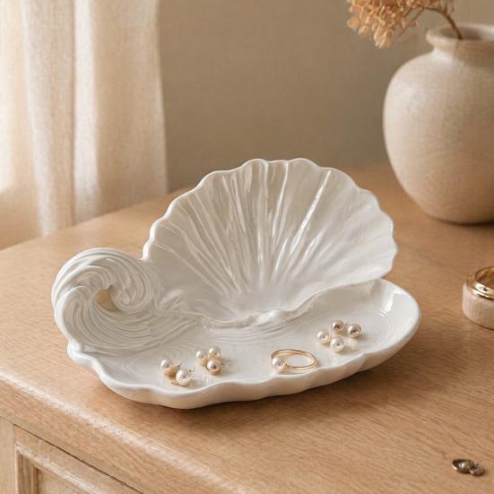 Aromatherapy Storage Tray 3D Printed Shell Wave Jewelry Tray, Pearlized White Organizer Dish, Elegant Ring Exquisite Desktop Ornament Trinket