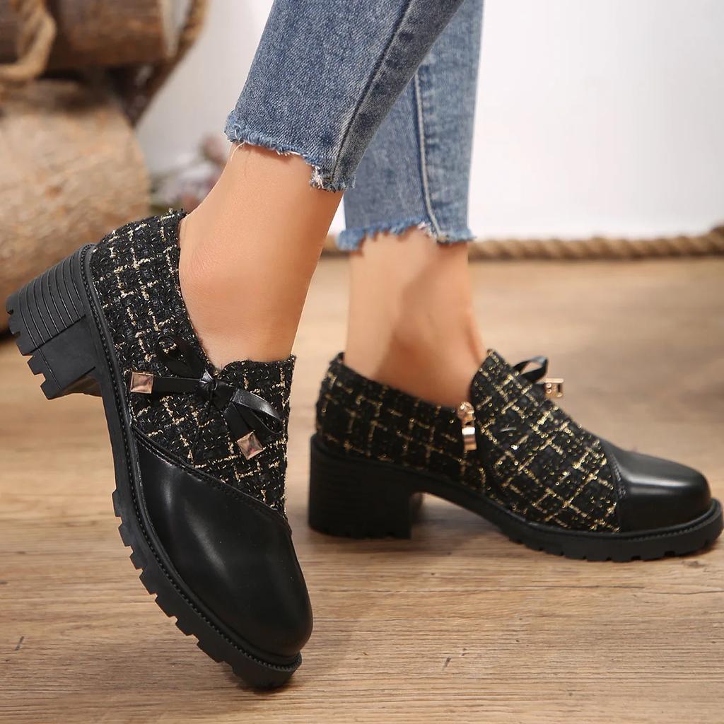 Модные женские элегантные туфли-лодочки в стиле колор-блок Comemore 2025 Весна Новинка Толстый каблук Женские одинарные туфли Круглый носок Декор в виде бантика Каблуки для женщин