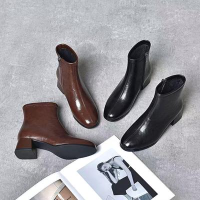Женские ботильоны с квадратным носком Осень/Зима 2025: Массивный каблук, Натуральная мягкая кожа, Стильный, Универсальный, Удобный и Теплый на хлопковой подкладке