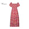 Женское пляжное платье с открытыми плечами Красочный цветочный принт трапециевидной формы в стиле пэчворк Свободный подол с гофрировкой на спине с короткими рукавами Летние каникулы Стиль миди-платья