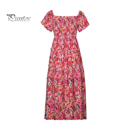 Женское пляжное платье с открытыми плечами Красочный цветочный принт трапециевидной формы в стиле пэчворк Свободный подол с гофрировкой на спине с короткими рукавами Летние каникулы Стиль миди-платья