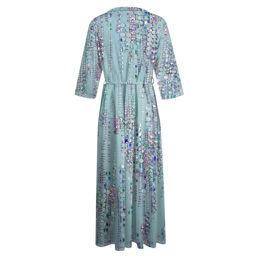 Женская мода повседневное платье с воротником на лацканах и пуговицами с рукавами 3/4