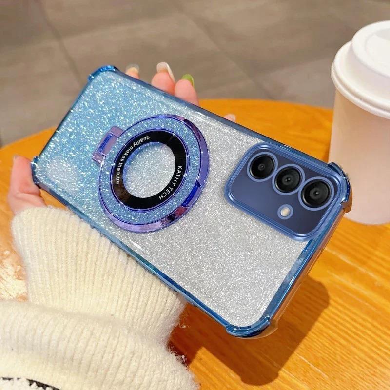 Suitable for Samsung S25Edge Mobile Phone Case Electroplated Magnetic Bracket S24Ultra Anti Fall Cover A55 Gradient Powder Soft