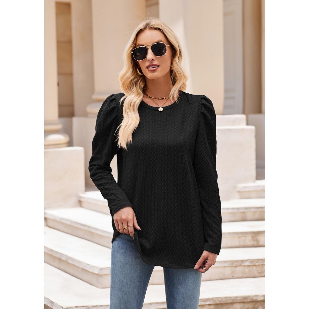 Топ с круглым вырезом, рукавами-пузырями, вязаный жаккардом, однотонный, с длинным рукавом, женские футболки