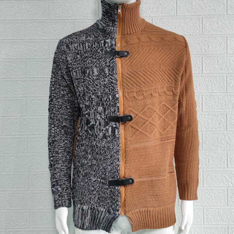 Men's Plus Size Color Block High Neck Cardigan with Leather Buckle - Long Sleeve Knit Sweater, Autumn/Winter Collection