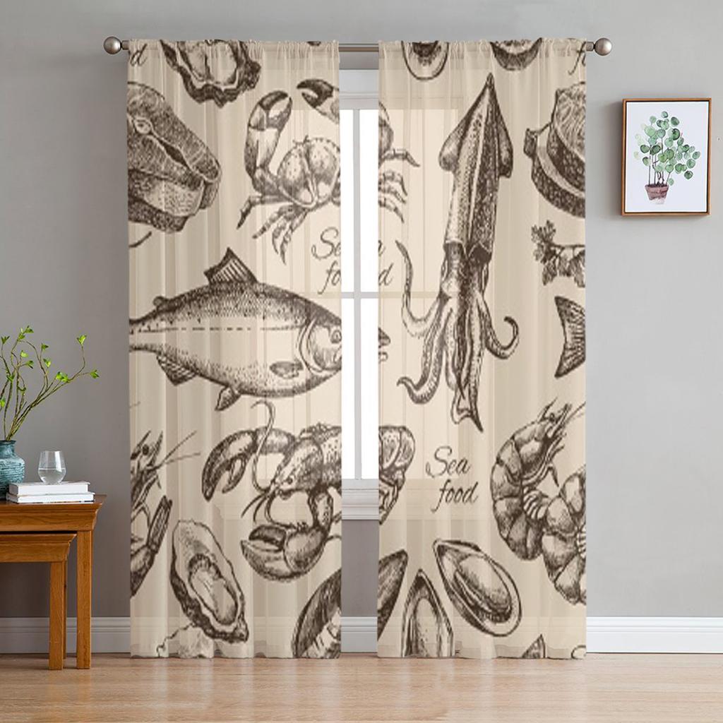 Эскиз Тюлевые шторы с морепродуктами для гостиной Прозрачная штора Спальня Вуаль Органза Декоративные оконные шторы