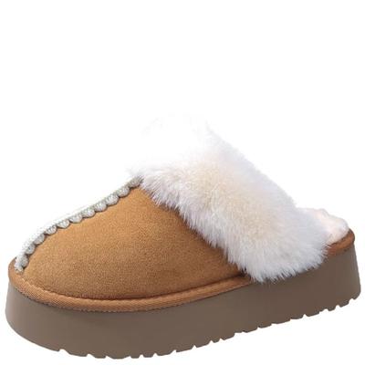 Модные зимние женские меховые тапочки теплые сапоги шлепанцы на платформе 2024 новые короткие плюшевые балетки домашняя хлопковая обувь замшевые мюли женские сапоги