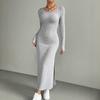 Spring Autumn Solid Long Sleeve O-neck Gray Maxi Dress Women Fashion Elegant Skinny Straight Side Slit Knitted Dresses Clothing